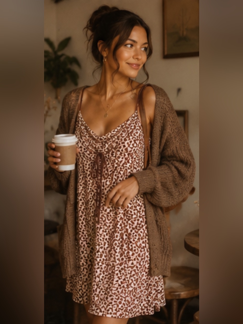 Free People Boho Sleeveless Printed Slip Dress in Cream & Brown 🤎☕️